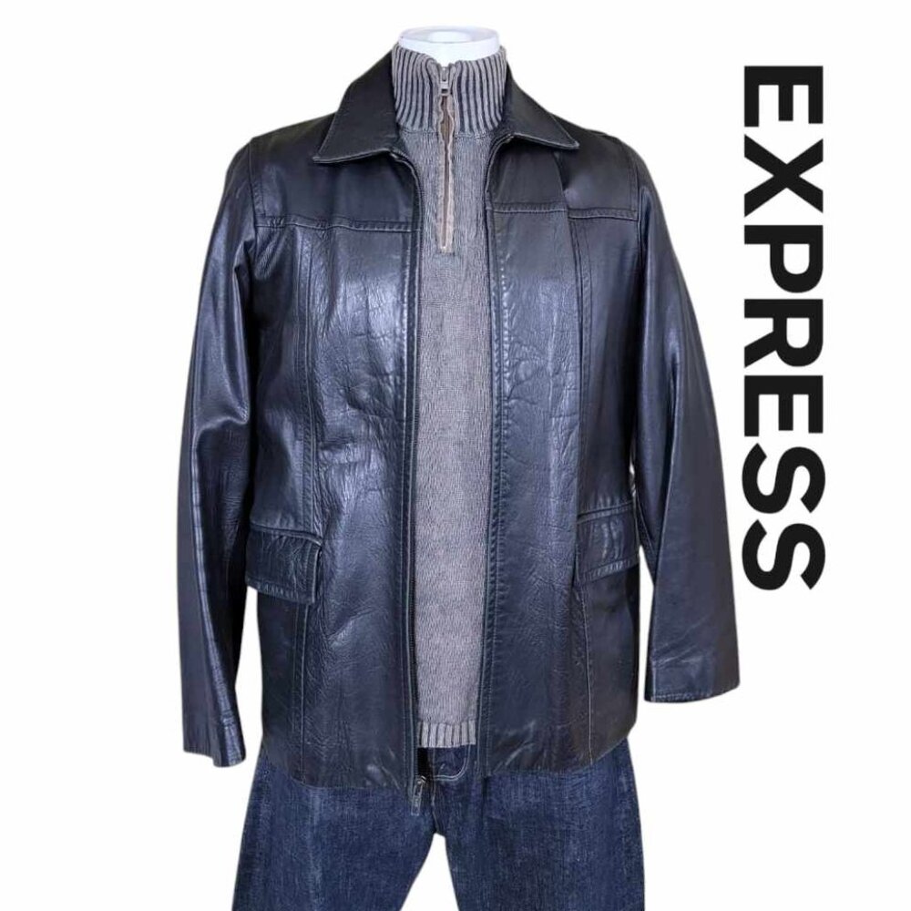 EXPRESS Men's Genuine Leather Flap Pocket Jacket Sz Large - Black
